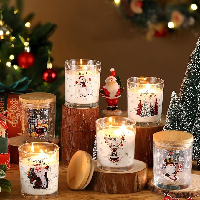 Ziliny 12 Pack 7 oz Christmas Glass Candle Jar with Wood Lids Xmas Classical Thick Empty Jars for Making Candles Small Holiday Container Bulk for Gifts Making DIY Party Supplies Accessories
