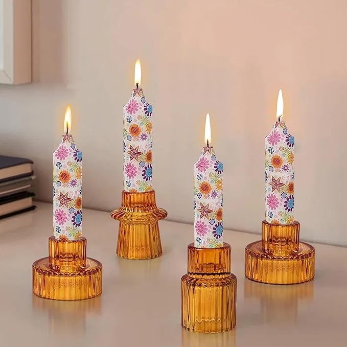 5 inch Short Candle Floral Candle Sticks Printed Candlestick Handmade Unscented Taper Candle 4 Pack Flower Tapered Candles for Home Dinner Wedding Holiday