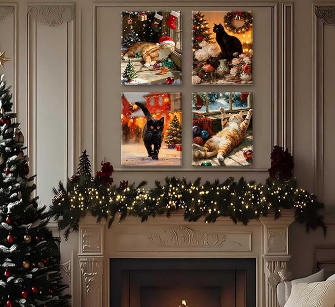 Paint by Number Kit for Adults & Kids, 4 Pack Christmas Cat Scenes 12x16Inch Framed
