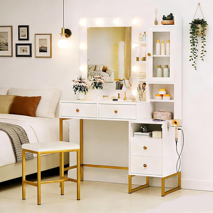 YIKEHOME 42 Inchs Vanity Desk with Large Mirror and Hollywood Bulb Design Lights, Women Makeup Vanity Table with Power Outlet, 6 Drawers & Storage, 3 Lighting Color Adjustable for Bedroom