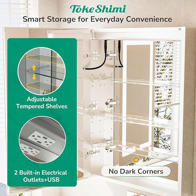 TokeShimi 40x32 Led Medicine Cabinet Mirror for Bathroom with Outlet, Medicine Cabinet with Lights 3 Colors Dimmable and Defogger, Surface or Recessed Mount Mirror with Storage Modern Bathroom