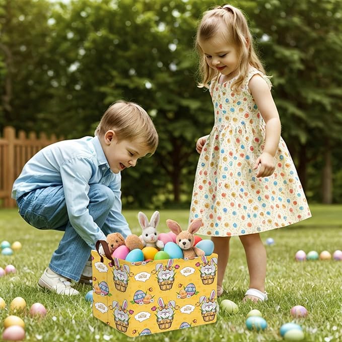 Large Cute Easter Basket for Kid Empty Gift Baby Rectangle Storage Bin Bunny Eggs Boy＆Girl Room Décor (Tulip Rabbit Yellow)