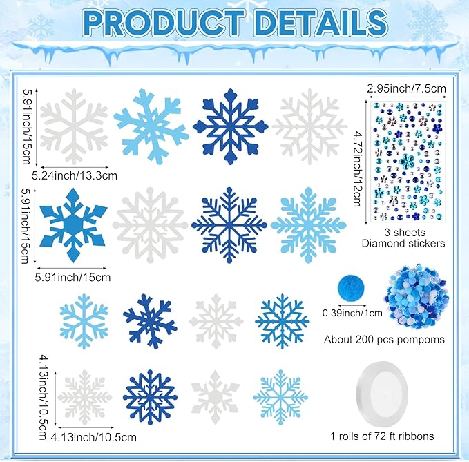 Funrous 48 Sets Snowflake Crafts Kit Winter Paper Crafts DIY White Snowflake Christmas Hanging Ornaments with Pompoms Diamond Stickers for Holiday Classroom Activities Arts Party Favors