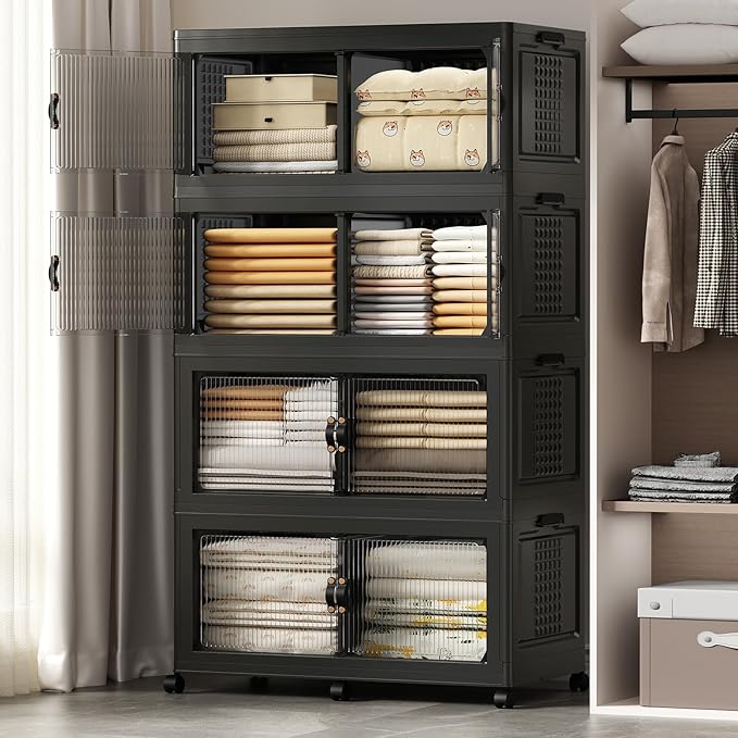 SAILUN 193Gal/772Qt Stackable Storage Bins Folding Collapsible Storage Bins with Lid, Closet Organizers and Storage Box with Door Black 33.5" W x 19" D x 69" H