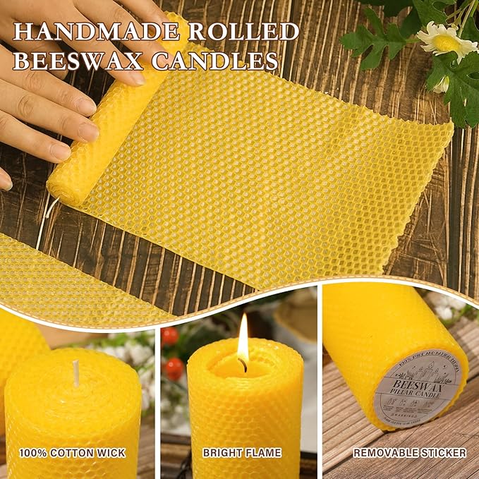 3 Pack Beeswax Pillar Candles Set,100 Hours All Natural Beeswax Rolled Candles 2.8" Width 3" 4" 6" Height 100% Pure Unscented Honeycomb Bees Wax Candle for Home, Wedding, Meditation