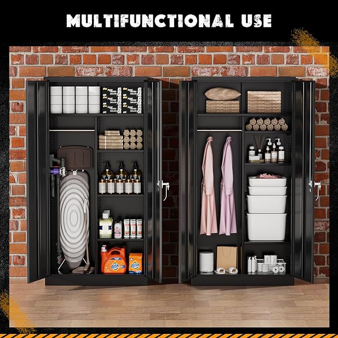 Greenvelly Metal Storage Cabinet with 2 Doors, Black 72” Steel Storage Wardrobe Cabinet, Employees Locker Closet Clothing Coat Steel Wardrobe Cabinet with Hanging Rod for Garage, Gym, Home Office