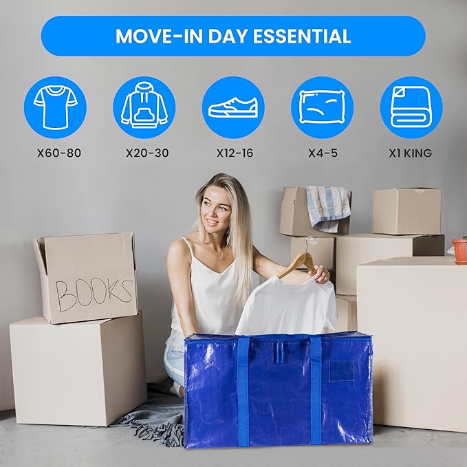 Simple Deluxe 4 Pack Extra Large Moving Bags with Lids, Reinforced Handles and Zippers, Heavy Duty Storage Tote for Moving Travel Camping Space Saving, Blue