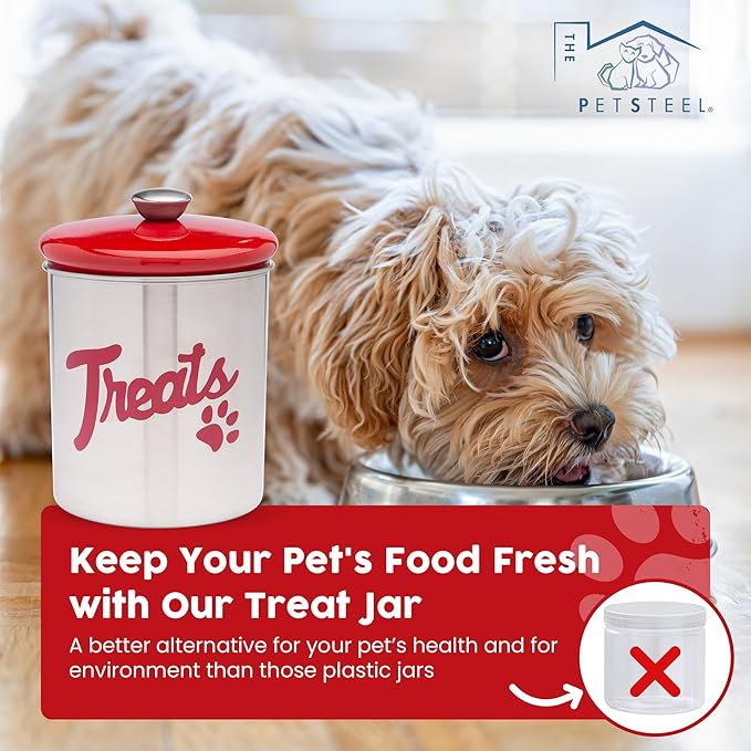 Stainless Steel Dog Treat Jar with Airtight Lids – Holds Up to 2 lbs – Pet Food Storage Bin for Dog & Cat Treats – Decorative & Durable Canister