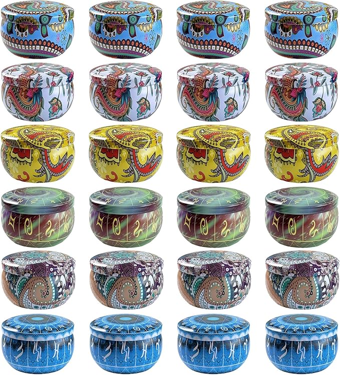 Phinicco 24 pcs 2.5oz Candle Tins Candle Making Jars Empty Candle Jars with Lids Candles Tin Candle Containers Small Candle Jars (6 Patterns)