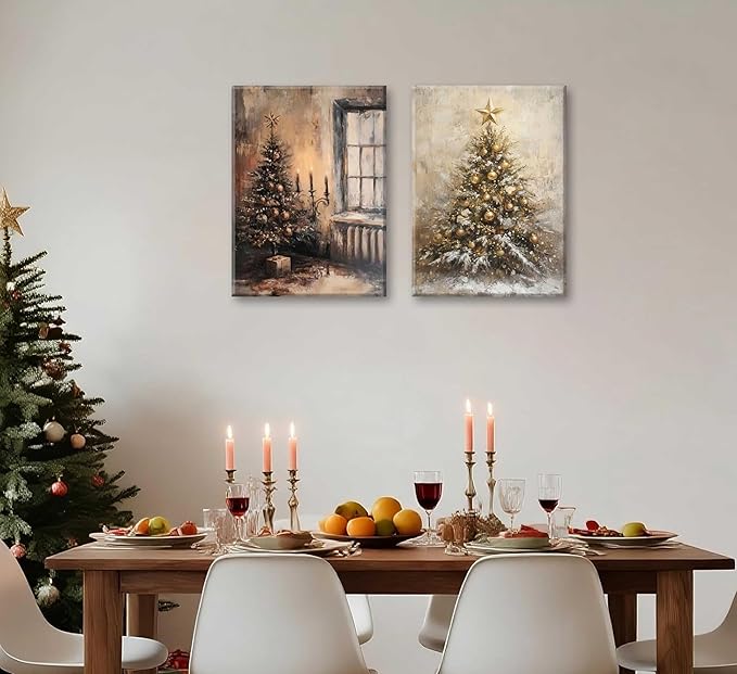 Paint by Number Kit with Inner Frame, 2 Pack 16x20 Inch Christmas Scenes - Vintage Tree & Golden Snowy Tree, DIY Acrylic Painting Sets for Adults Kids Gift