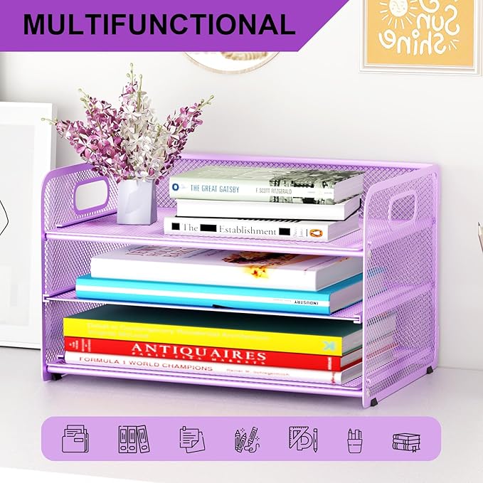 3 Tier Paper Letter Tray Organizer for Desk, Mesh File Folder Document Organizer with Handle for Home Office Supplies Desktop Accessories, Purple