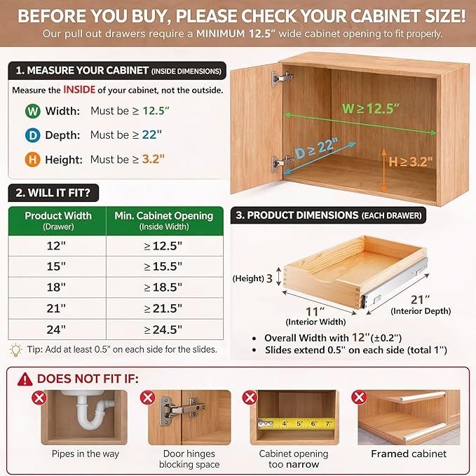 Sintuff 4 Pack Wooden Pull out Tray Cabinet Organizer Gentle Close Roll out Shelves for Kitchen Cabinets Fully Assembled Slide Pantry Shelves (12'' X 21'')