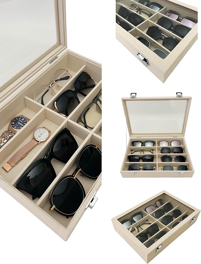 Large Beige Premium Quality Velvet Jewelry Display Box Tray Stackable Practical Trade Show Home Store Eyewear Tray with Glass Lid
