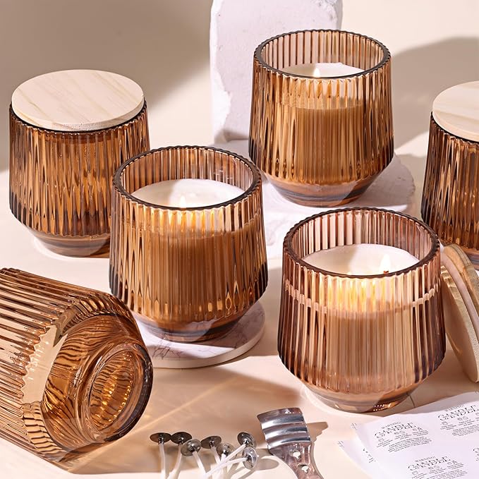 simeitol 13 OZ Candle Jars for Making Candles - 6 Pack Terracotta Ribbed Glass Candle Jars, Candle Making Jars, with Bamboo Lids and Candle Wick Kit, Candle Vessels Bulk for DIY