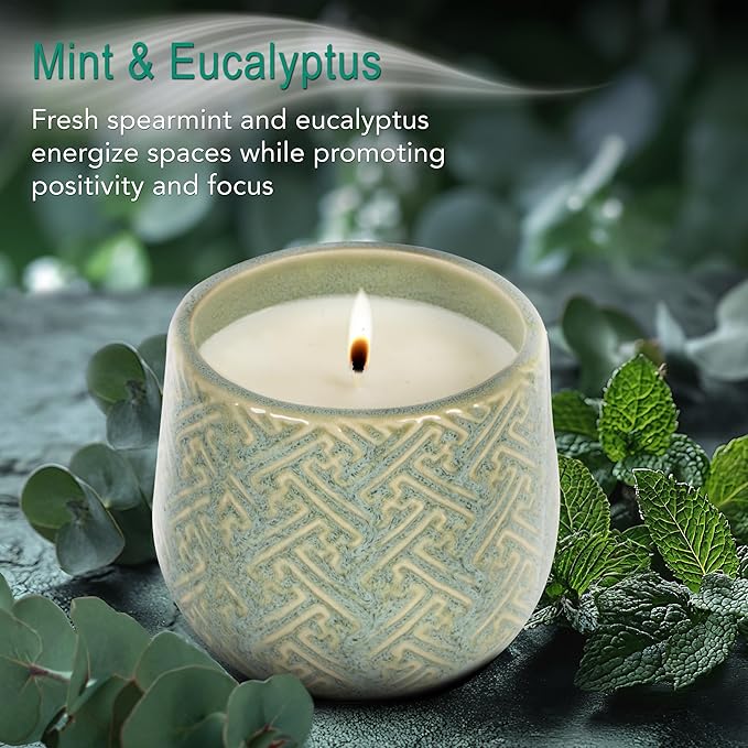 Hyggelight - The Growing Candle, Mint & Eucalyptus Scented, 10oz Ceramic Pot, Aromatherapy Candles, 100% Soy, Ida