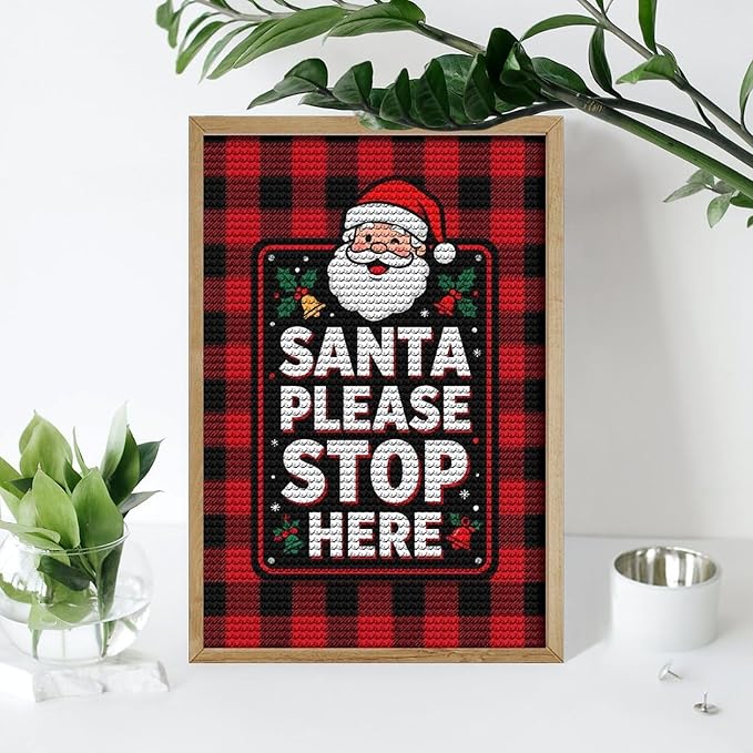 AIVKIEJK Diamond Painting Kits for Adults - Holly & Stars, Santa Please Stop Here Painting DIY 5D Full Drill Diamond Dots Paintings with Diamonds Gem Art and Crafts Home Decor 8"x12"