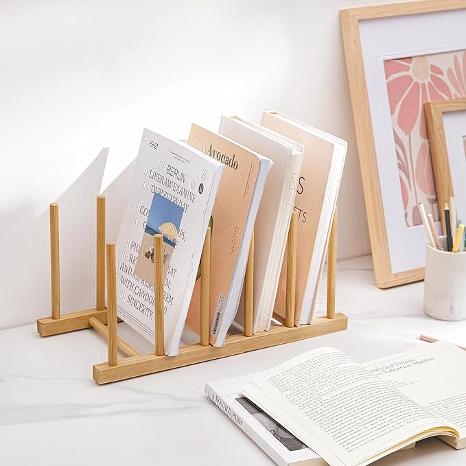 HBlife Desk File Organizer 5 Section Upright File Sorter, 2 Pack Bamboo File Holder for Home, Office & School