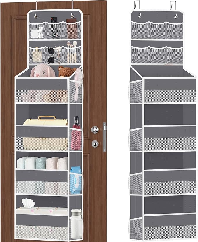 6-Tier Over The Door Organizer with Mesh Pockets, Baby Nursery Storage for Closet, Bathroom and Bedroom, Adjustable Hanging Closet Organizer for Cosmetics, Books and Essentials (Dark Grey)