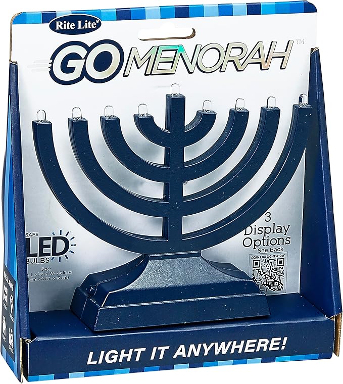 Rite Lite Go Menorah Mini Metallic Electric Menorah - LED Battery/USB Powered Chanukah Menorah Jewish Holiday - Office Car Home Decorations Judaica Hanukkah Gifts, Push Button Multi Light - Blue