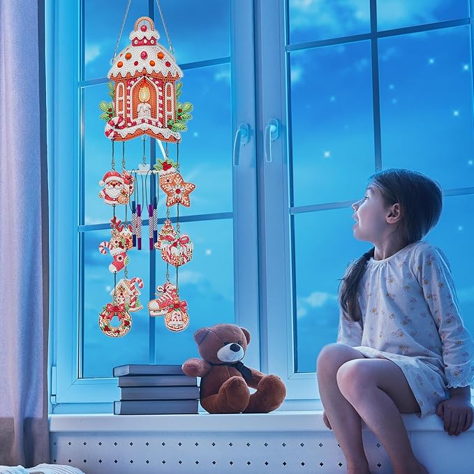 Christmas Candle Diamond Art Painting Wind Chime Hanging Ornaments DIY Kit 5D Diamond Art Wind Chimes Christmas Hanging Pendant Double Sided Special Gem Paint by Number Garden Tree Patio Window Decor