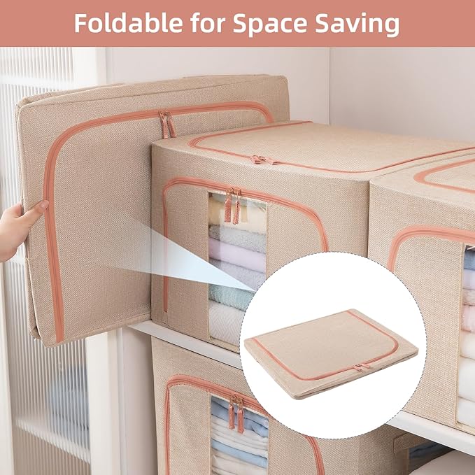GuliPostan 24L Stackable Clothes Storage Bins with Metal Frame Handles & Zipper, Collapsible Closet Organizer Box with Lid for Bedding Blankets Towel (Beige,1 pack)