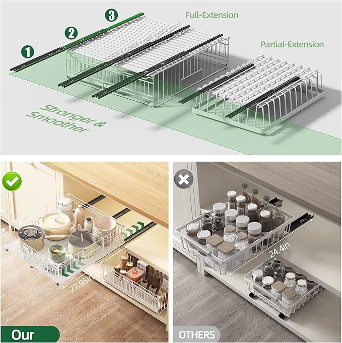 NETEL 2 Pack Expandable Pull Out Cabinet Organizer, Raised 6.69" guardrail, Adjustable Width 13"-20.07", 3 Rails No Drill Adhesive Peel And Stick, Adhesive Pull Out Drawers for Cabinets, White
