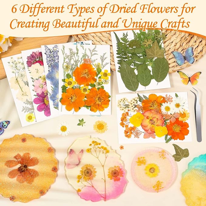 155Pcs Dried Pressed Flowers for Crafts, 6 Sheets Real Dry Florals and Leaves Bulk with Tweezer for Resin Molds Candle Soap Making Scrapbook Bookmarks Frames Supplies Kit Nail Art Makeup Decor