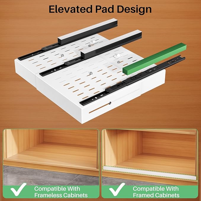 Pull out Cabinet Organizer, Expandable Width(14"-24"), Depth(13"-24") with 3 Rails, Slide Out Drawers With Raising Pad for Framed Cabinets, Fixed with Adhesive Film for Cabinets in Kitchen, White