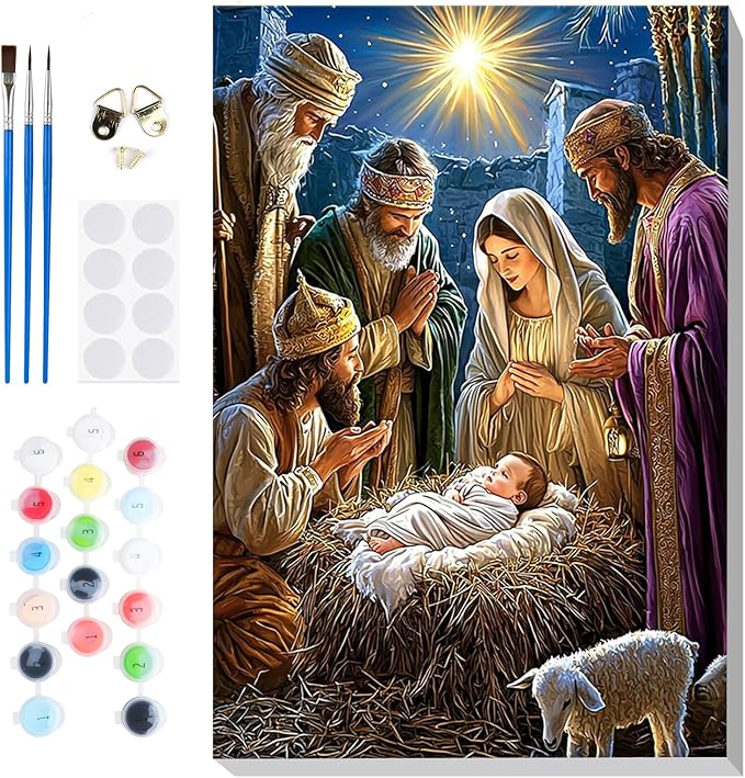 Bowetile Nativity Scene Paint by Numbers for Adults Beginners Framed, Adults' Paint-by-Number Christmas Kits on Canvas, Acrylic Number Painting Gifts for Home Wall Decor, 8x12in