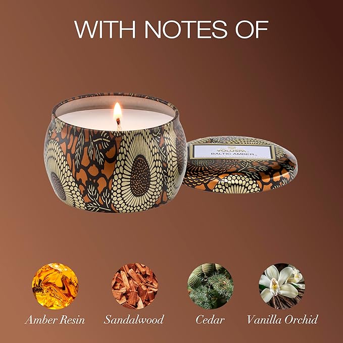 Voluspa Baltic Amber Candle | Mini Tin | 4 Oz. | 25 Hour Burn Time | Coconut Wax for a Cleaner Burn