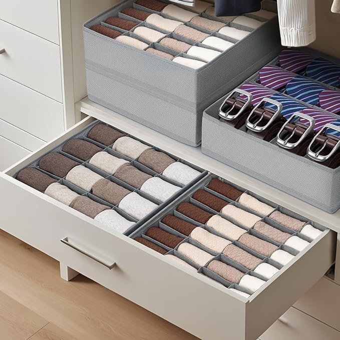 Joyoldelf Sock Drawer Organizer Divider 4 Packs Underwear Organizer, 2 x 24 Cell + 2 x 16 Cell Closet Organizers and Storage Sock Holders for Storing Socks, Handkerchiefs, Ties, Belts (Grey)