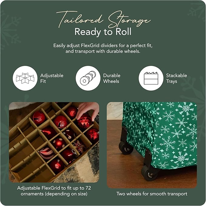 Covermates Keepsakes Rolling Adjustable Ornament Storage Bag – Heavy-Duty Polyester, FlexGrid Trays & Padded Dividers – Protective Holiday Organizer with Wheels, Handles & ID Window, Green Snowflake