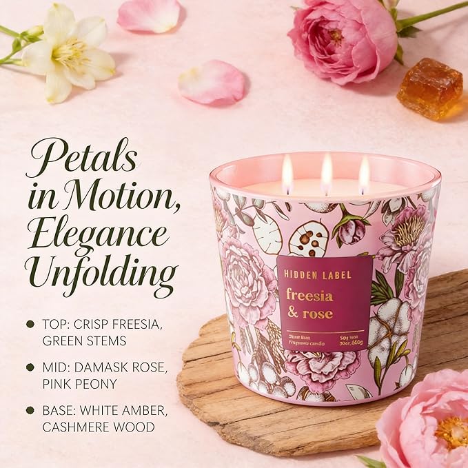 Scented Candle for Women, 30oz 3-Wick Natural Soy Wax, Up to 100 Hours Long-Lasting Clean Burn, Non Toxic Large Jar Aromatherapy Candle, Freesia Rose, Gifts for Women