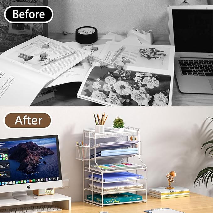 7 Tier Desk File Organizer – Vertical File Organizer for Desk with Removable Pen Holder & Adjustable Drawer – Metal Document Organizer for Office, Simple Trending Design – White