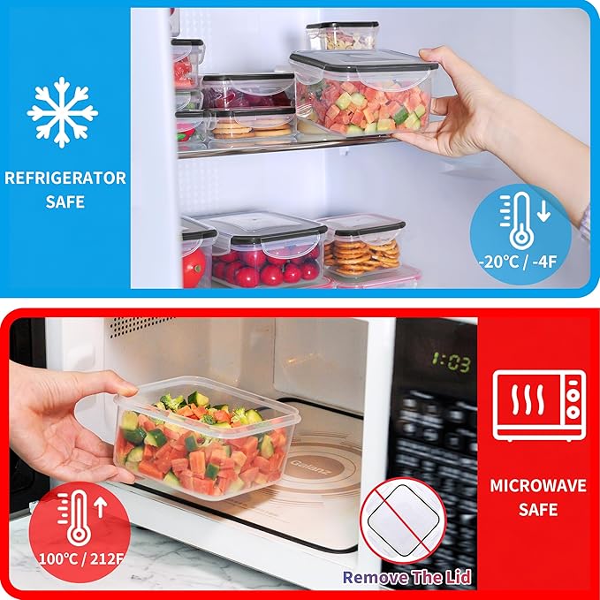 44-Piece Reusable Food Storage Containers with Lids Airtight, Leakproof Plastic Meal Prep Storage Food Grade Kitchen Organizer, Stackable Freezer Containers, Microwave & Dishwasher Safe