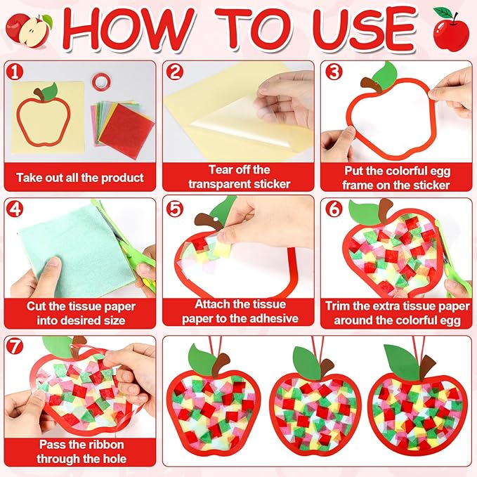 Qyeahkj 36 Set Fall Apple Suncatchers Crafts for DIY Autumn Apple Window Tissue Paper Craft Kit Hanging Decor for Back to Home Activity Art Project Birthday Party Favor Gift