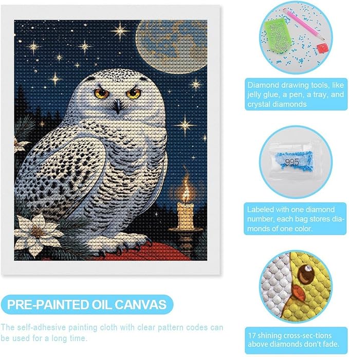 KIVJMSIDJA 5D Diamond Art Kits for Adults Snowy Owl & Candle Glow - Winter Night Scene Full Drill DIY Diamond Art for Home Wall Decor 16"x20"