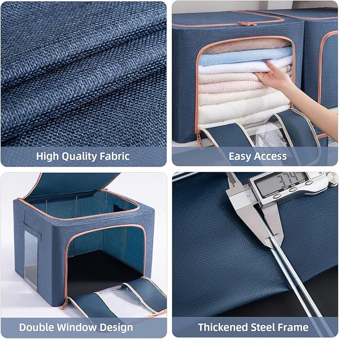GuliPostan 100L Stackable Clothes Storage Bins with Metal Frame Handles & Zipper, Collapsible Closet Organizer Box with Lid for Bedding Blankets Towel (Navy,1 pack)