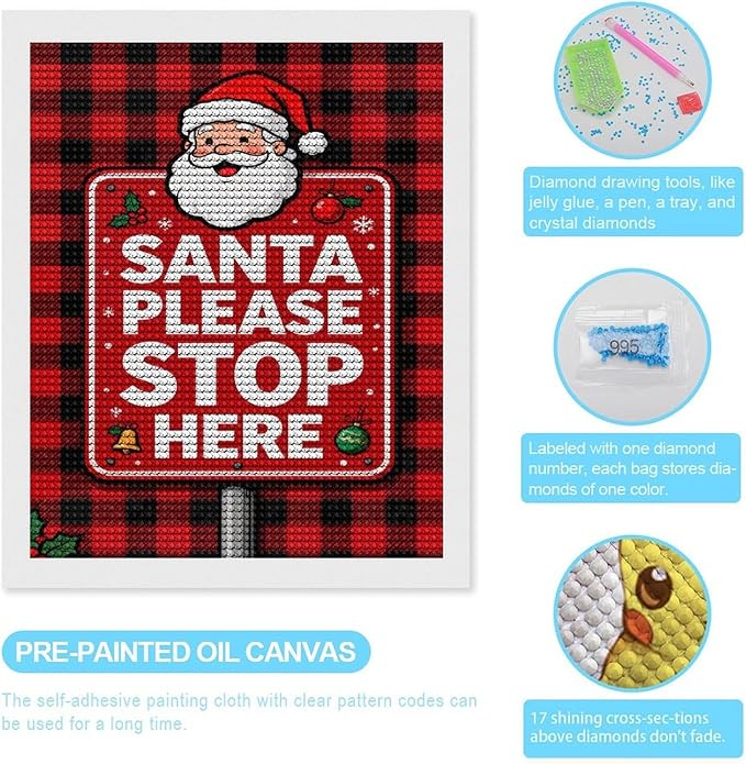 AIVKIEJK Diamond Painting Kits for Adults - Holly & Stars, Santa Please Stop Here Painting DIY 5D Full Drill Diamond Dots Paintings with Diamonds Gem Art and Crafts Home Decor 16"x20"