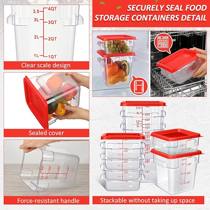 Yungyan 16 Pcs Restaurant Food Storage Containers with Lids Set 2Qt and 4Qt Commercial Restaurant Square Storage Containers Clear Food Cereal Container for Kitchen Freezer (Red Lids)