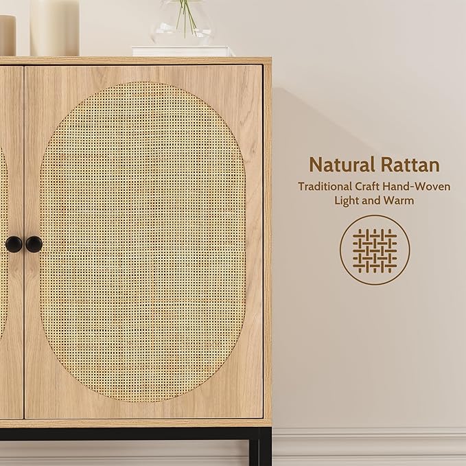 Yechen Set of 2 63" Sideboard Cabinet with Natural Rattan Hand-Woven Doors, Rattan Cabinet, Accent Buffet Storage Console Cane Credenza, for Living Room Entryway, Metal Legs/Natural