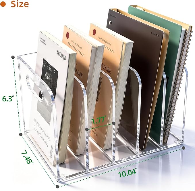 Acrylic Magazine File Holder, 5 Vertical Compartments Desk Document Sorter Organizer, Clear Folder Rack Binder for Office/Documents/Classroom, for Home, Tablet, Magazines, Books & Accessories
