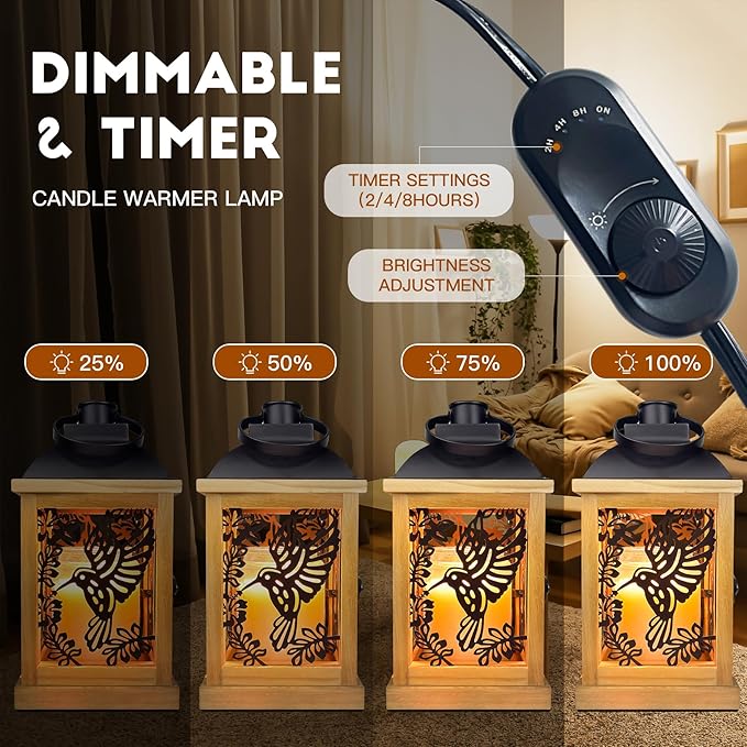 Candle Warmer Lamp with Timer Dimmer Farmhouse Lantern for Top-Down Adjustable Candle Warmer, Wood Electric Lamp for Jar Candles with 2 Bulbs, Auto Shut Off Home Decor Gift for Women (Hummingbird)