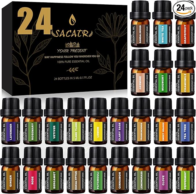 SACATR 24 Pcs Essential Oil Set - Natural Essential Oils - Perfect for Diffuser, Humidifiers, Skin Care, Massage, Fragrance Oil Scent for DIY Candle and Soap Making (24 * 5ml)