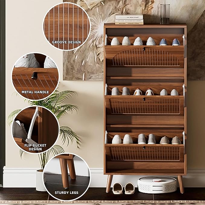 Fsbecl Shoe Storage Cabinet for Entryway with 3 Flip Drawers, Narrow Shoe Organizer with Fluted Panel, Freestanding Wood Hidden Shoe Cabinet for Hallway(Walnut, 23.6''W, Single Layer)