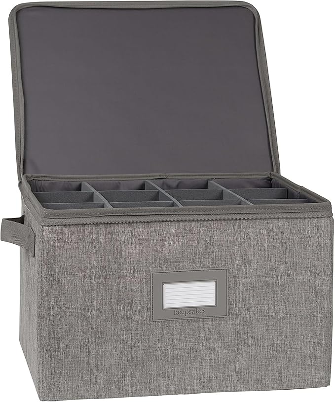 Covermates Cup and Mug Storage Box with Dividers, Stackable Organizer for Coffee Mugs & China Cups, Heavy-Duty Polyester with Handles, Zipper Closure & ID Window, Grey Heather