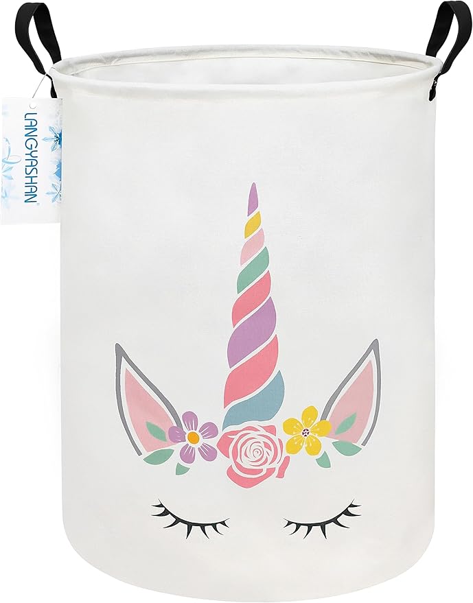 LANGYASHAN Laundry Basket Canvas Fabric Collapsible Organizer Basket for Storage Bin Toy Bins Gift Baskets Bedroom Clothes Children Nursery Hamper (Round Pink Unicorn)