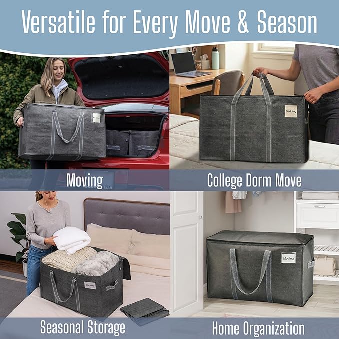 VENO 10 Pack Heavy Duty Moving Bags, Extra Large Storage Bags with Reinforced Handles & Strong Zippers, Foldable & Reusable Moving Box Alternative for Clothes & Dorm Storage