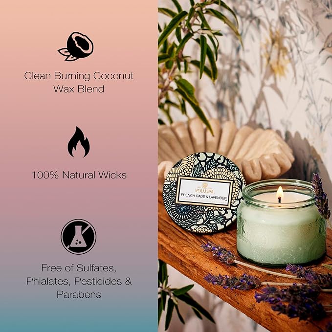 Voluspa French Cade Lavender, Petite Candle Jar, 3.2 oz, 25 Hour Burn Time, Coconut Wax for Clean Burning, Handcrafted in the USA
