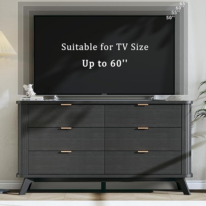 HUAHUU Fluted 6 Drawers Dresser for Bedroom, 55" Mid Century Modern & Chests of Drawers, Curved Profile Design, TV Stand, Wood Storage Dresser for Entryway, Hallway, Black
